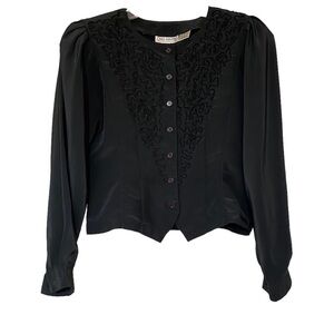 Vintage Edwardian Style Embroidered Black Blouse Sz 8
